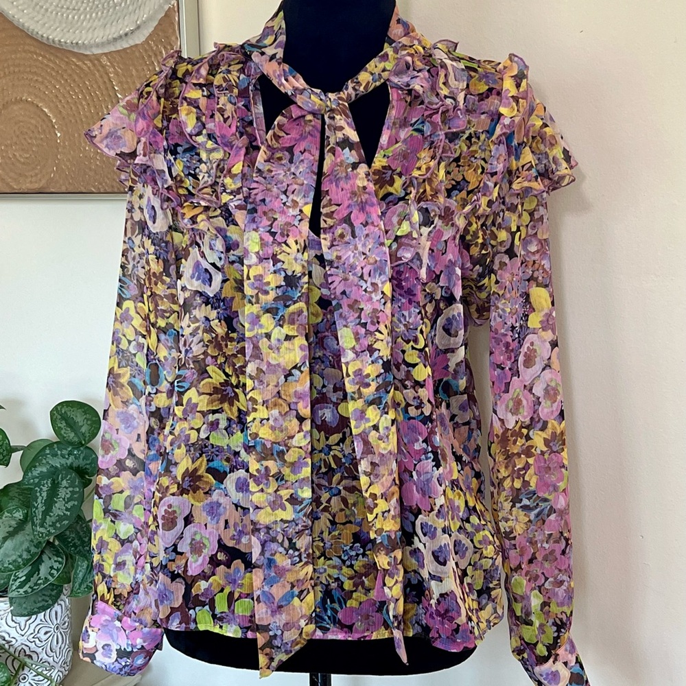 Zara Women’s Floral Ruffled Tie-Neck Long-Sleeve Blouse Size Small